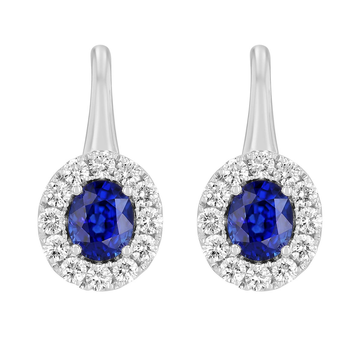 Oval Sapphire & Diamond Halo Drop Earrings in White Gold
