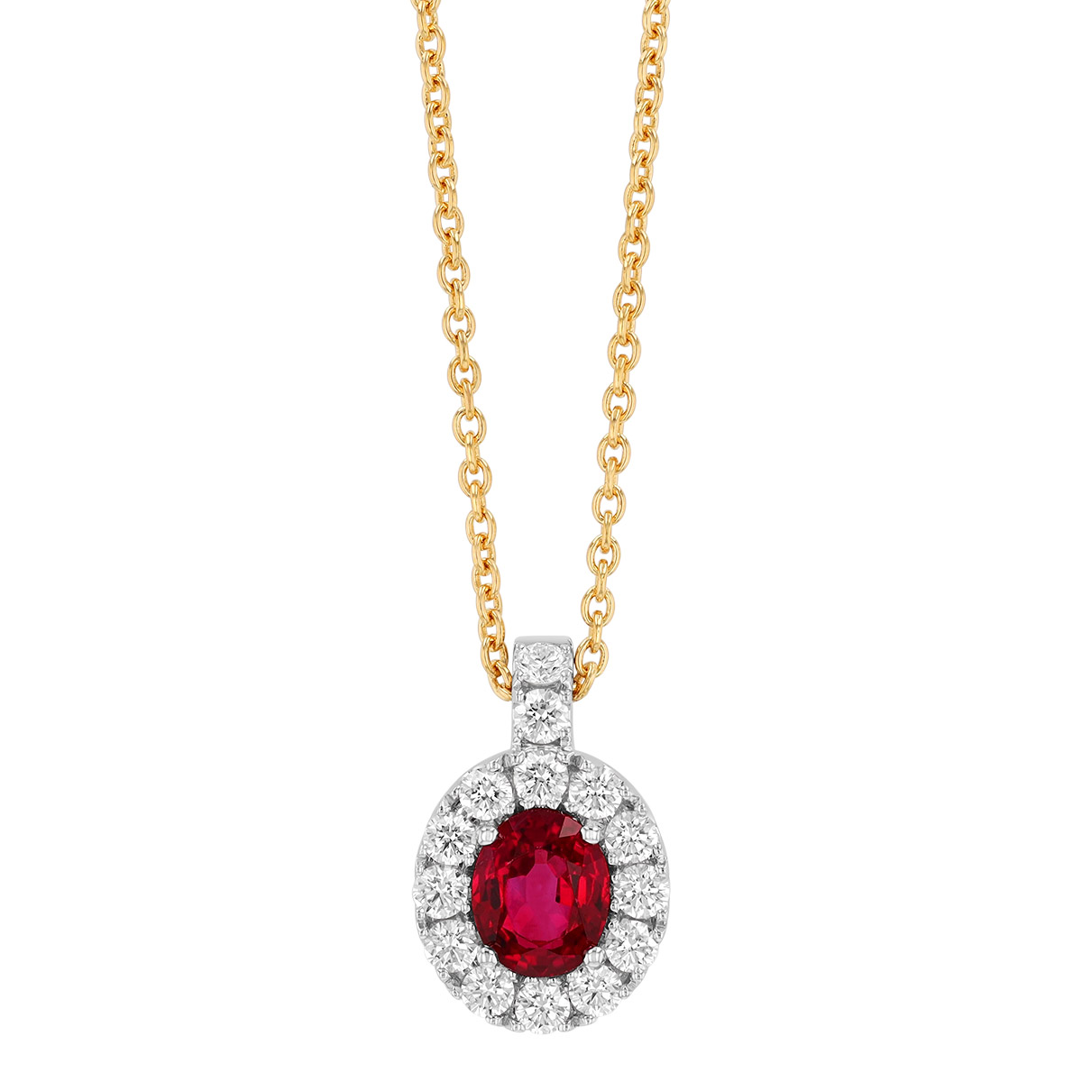 Oval Ruby & Diamond Halo Pendant in Two Tone