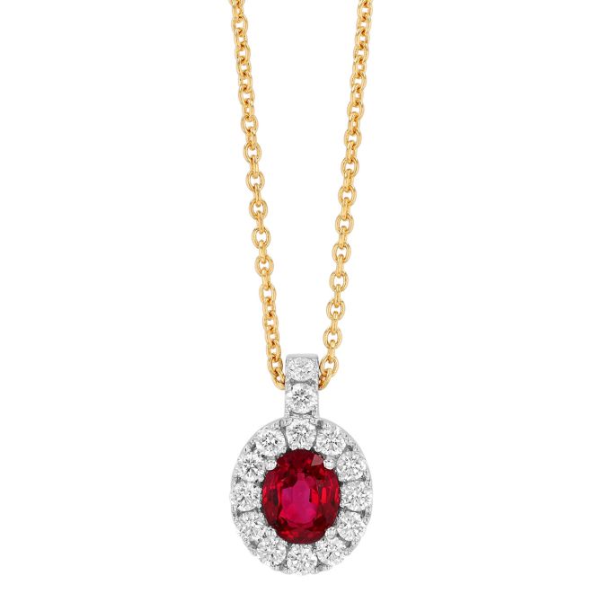 Oval Ruby & Diamond Halo Pendant in Two Tone