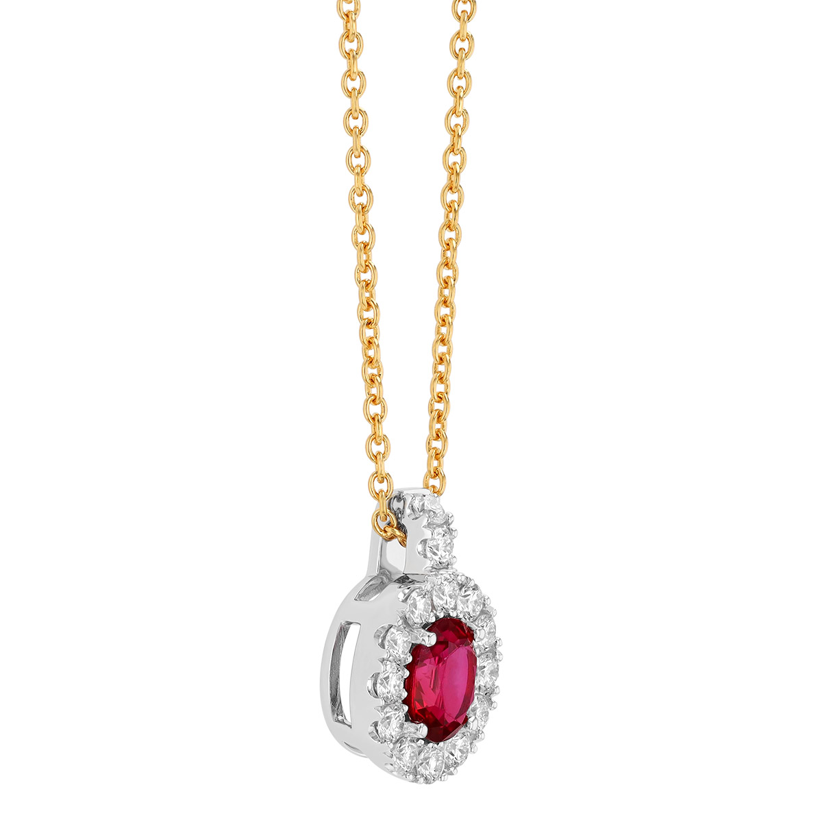 Oval Ruby & Diamond Halo Pendant in Two Tone