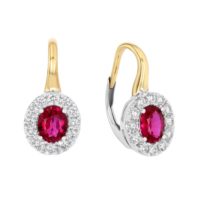 Oval Ruby & Diamond Halo Drop Earrings in Two Tone