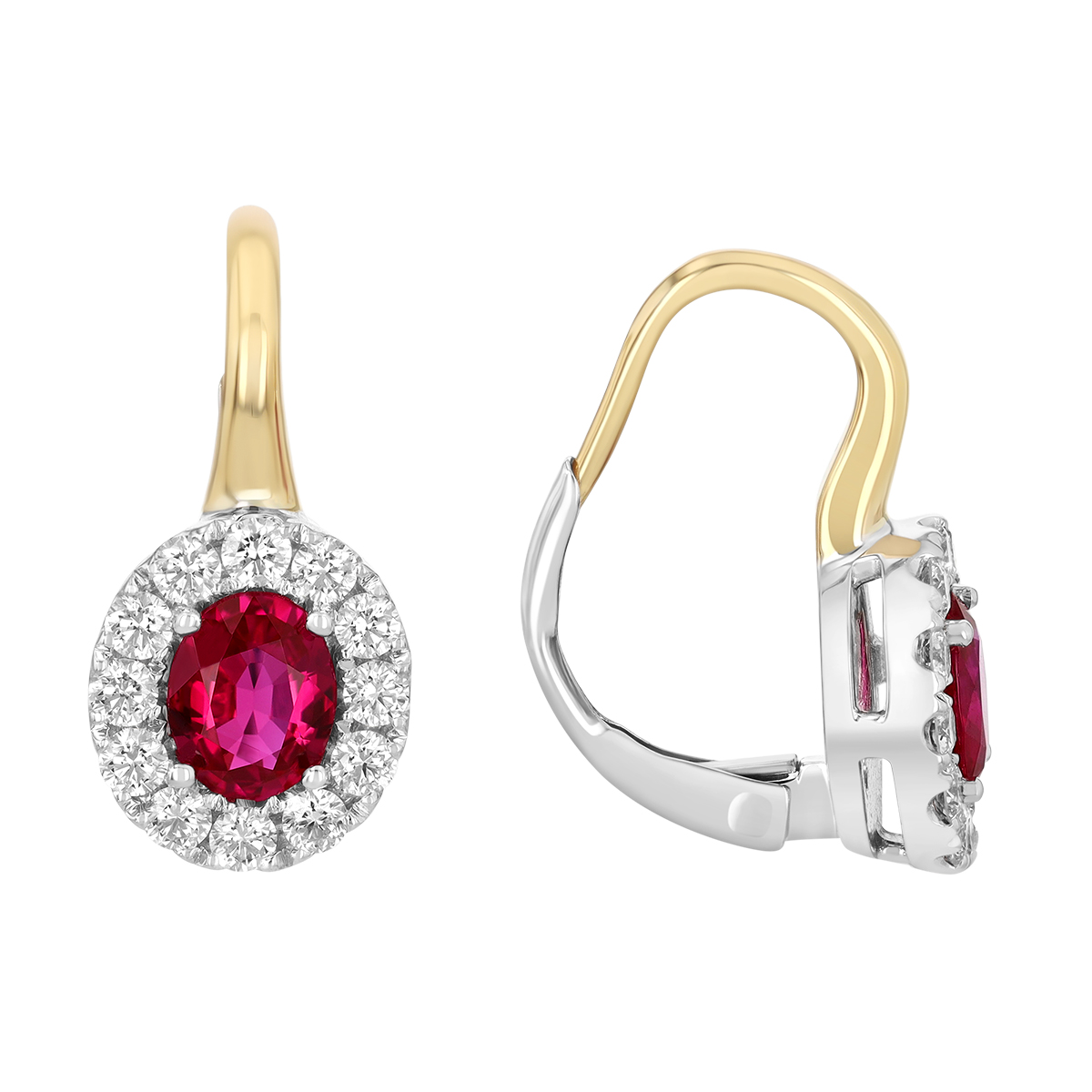 Oval Ruby & Diamond Halo Drop Earrings in Two Tone