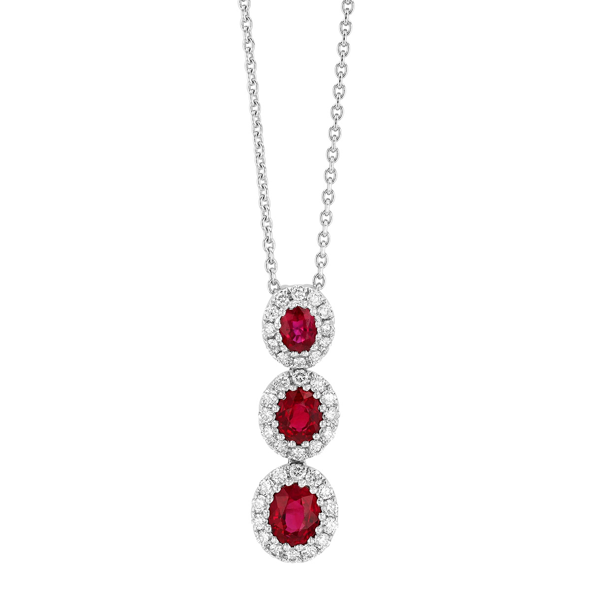 Oval Ruby & Diamond Halo Trio Pendant in White Gold