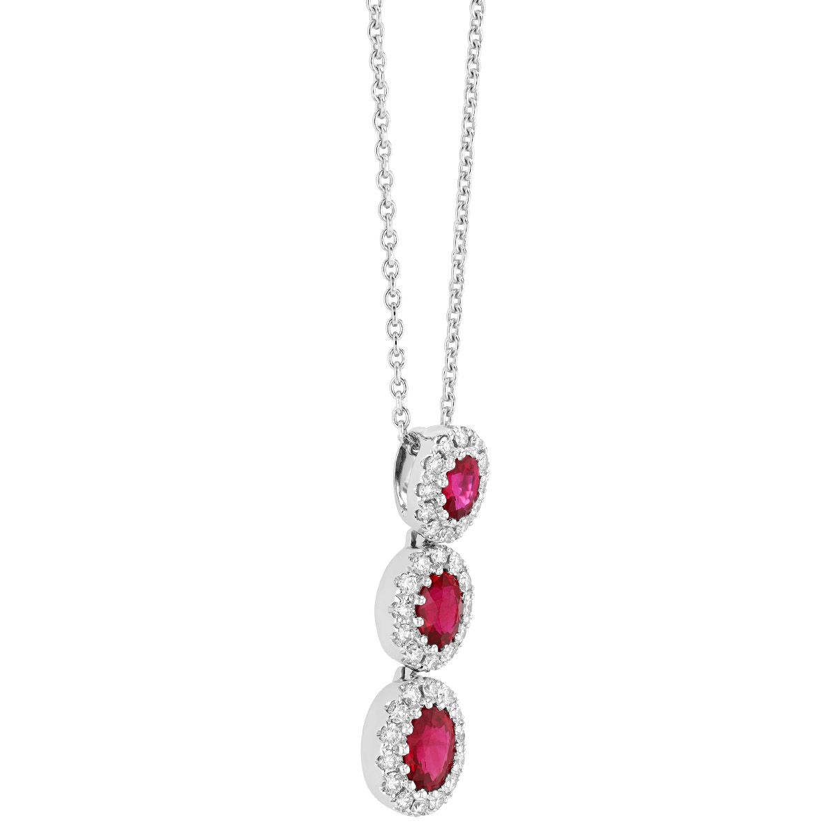 Oval Ruby & Diamond Halo Trio Pendant in White Gold