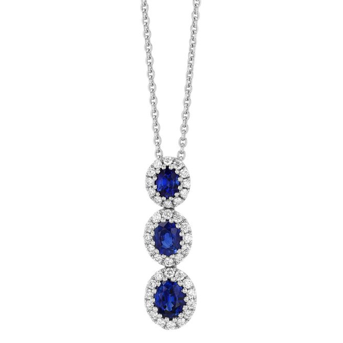 Oval Sapphire & Diamond Halo Trio Pendant in White Gold