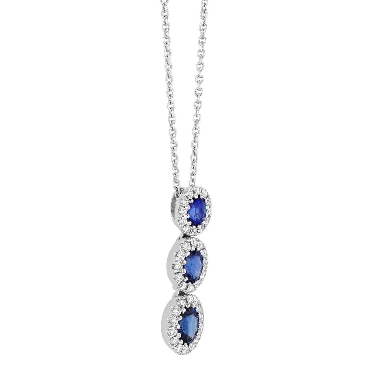 Oval Sapphire & Diamond Halo Trio Pendant in White Gold