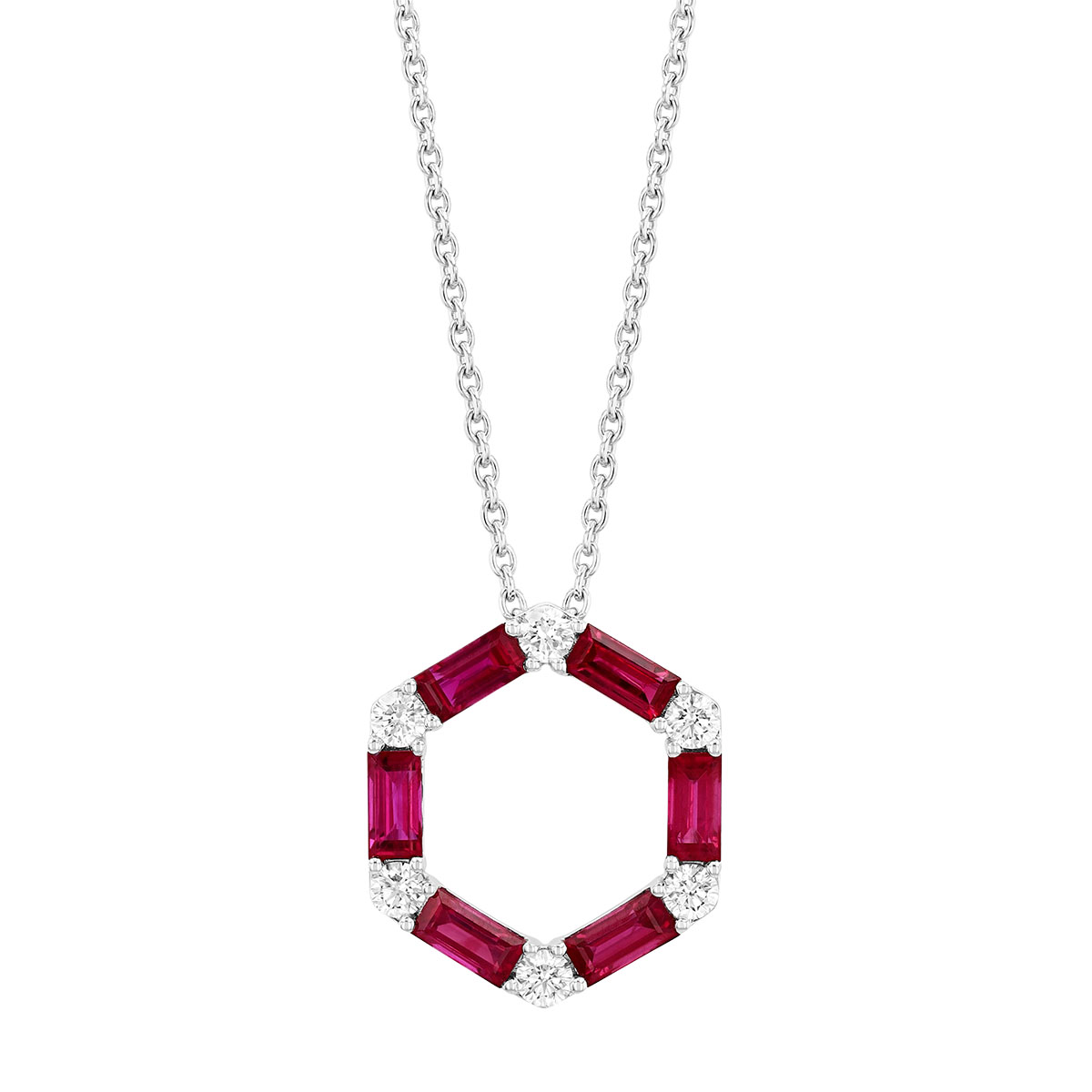 Baguette Ruby & Round Diamond Hexagon Pendant in White Gold