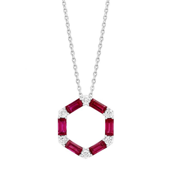 Baguette Ruby & Round Diamond Hexagon Pendant in White Gold