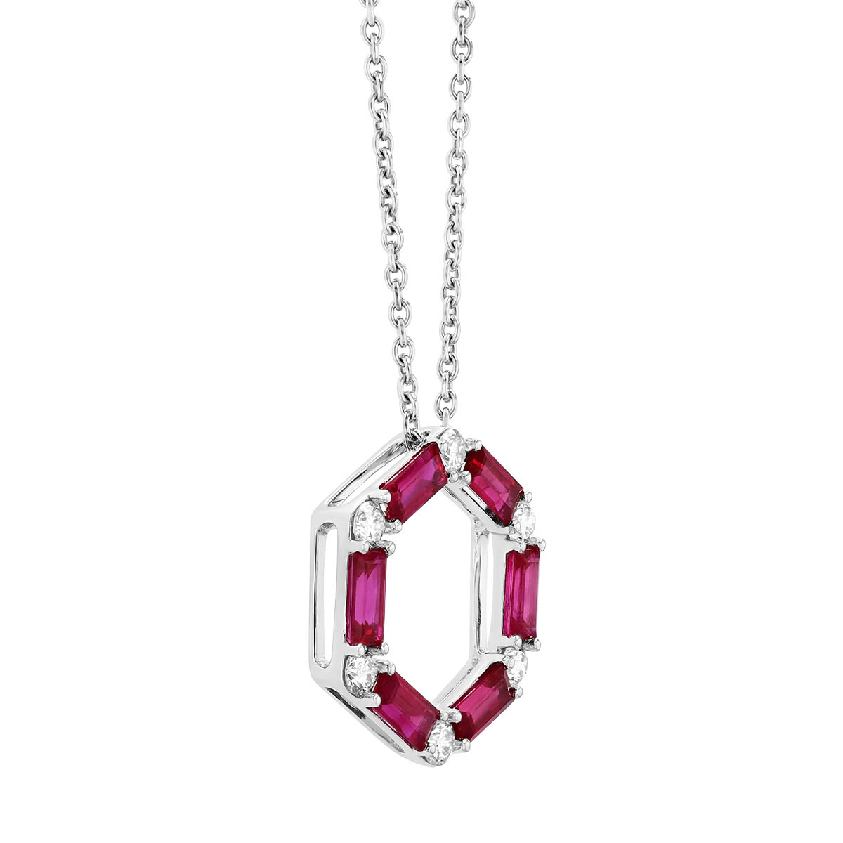 Baguette Ruby & Round Diamond Hexagon Pendant in White Gold