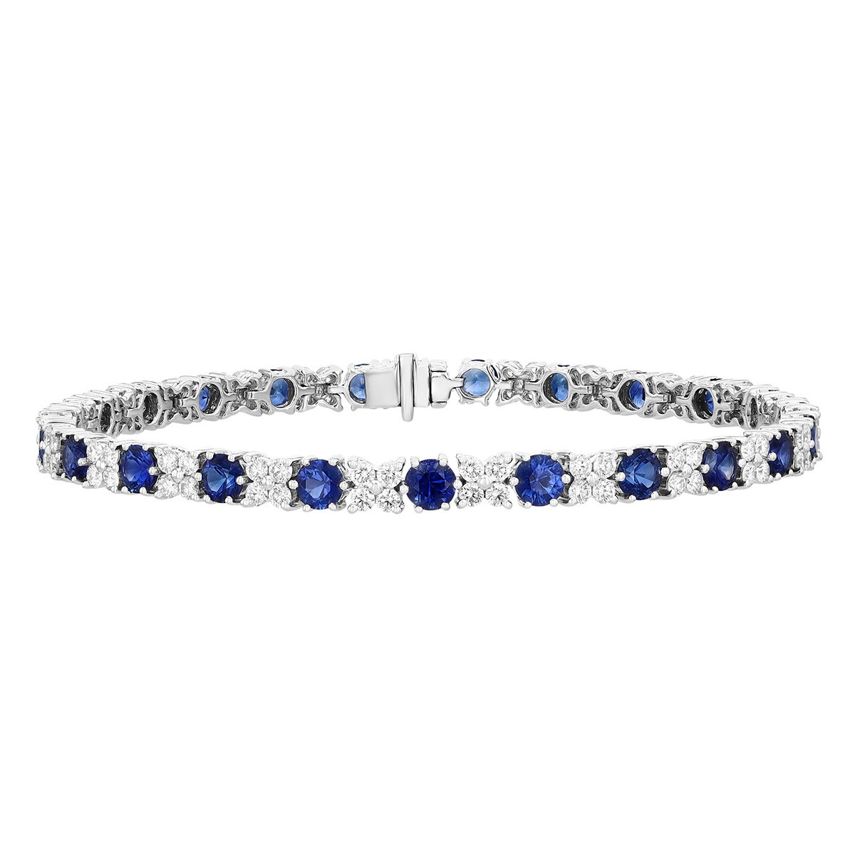 Round Sapphire & Diamond Cluster Tennis Bracelet in White Gold