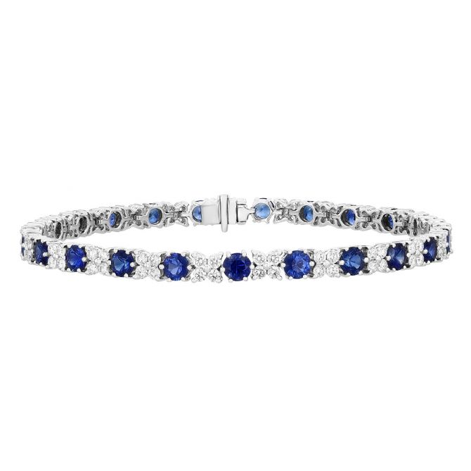 Round Sapphire & Diamond Cluster Tennis Bracelet in White Gold