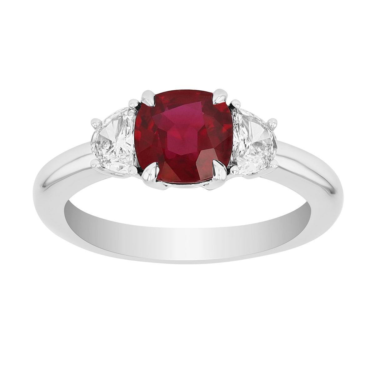 Cushion Cut Ruby & Half Moon Diamond 3 Stone Ring in Platinum