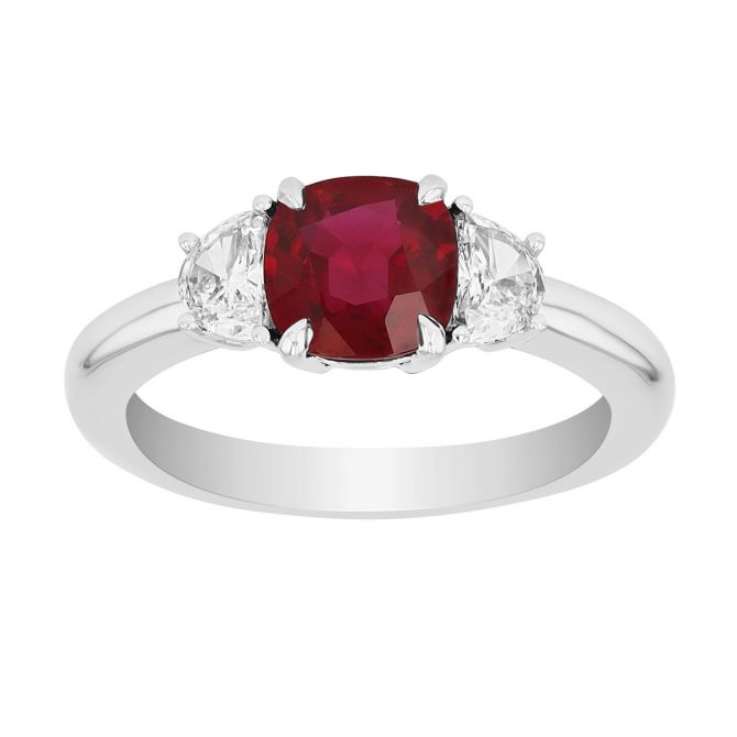 Cushion Cut Ruby & Half Moon Diamond 3 Stone Ring in Platinum