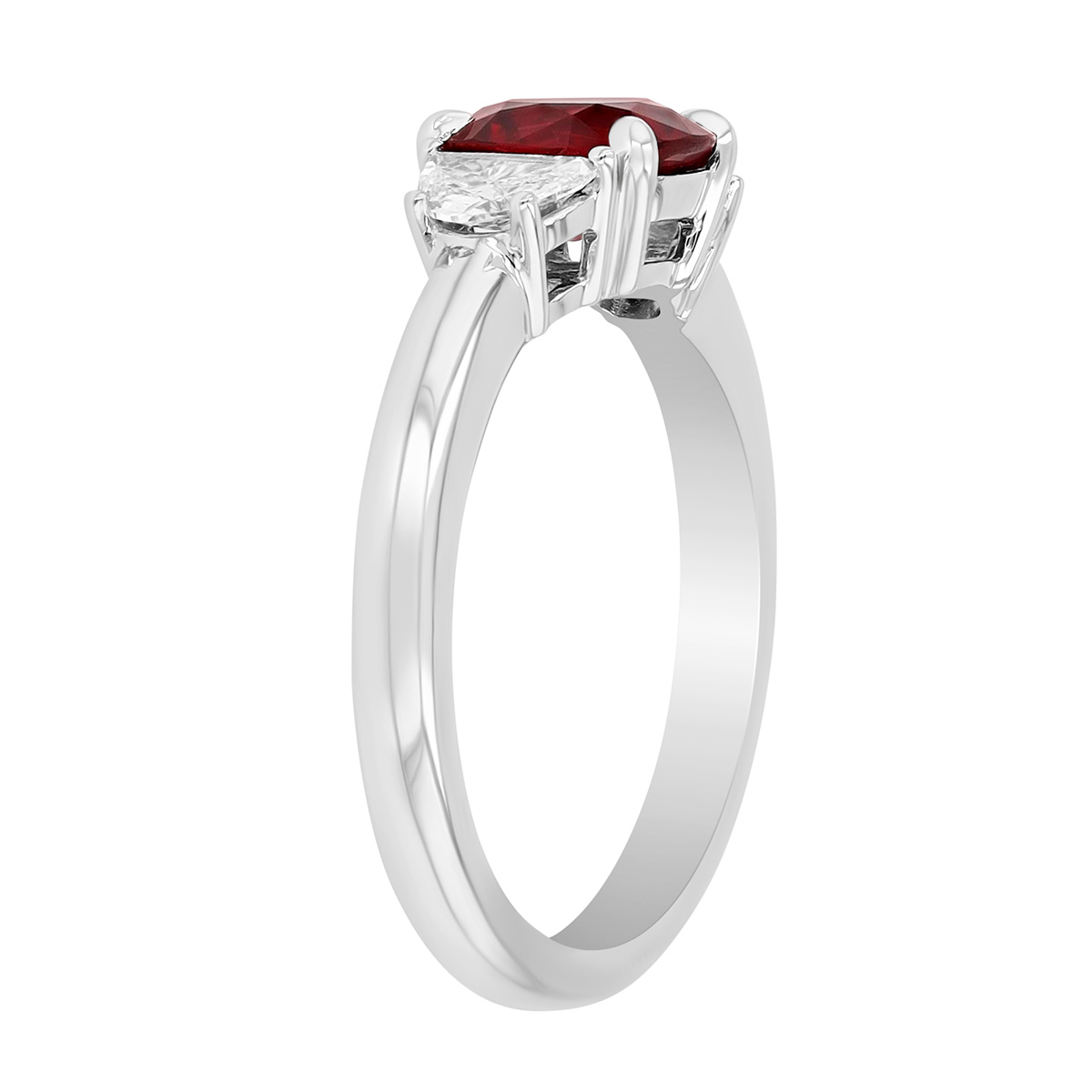 Cushion Cut Ruby & Half Moon Diamond 3 Stone Ring in Platinum