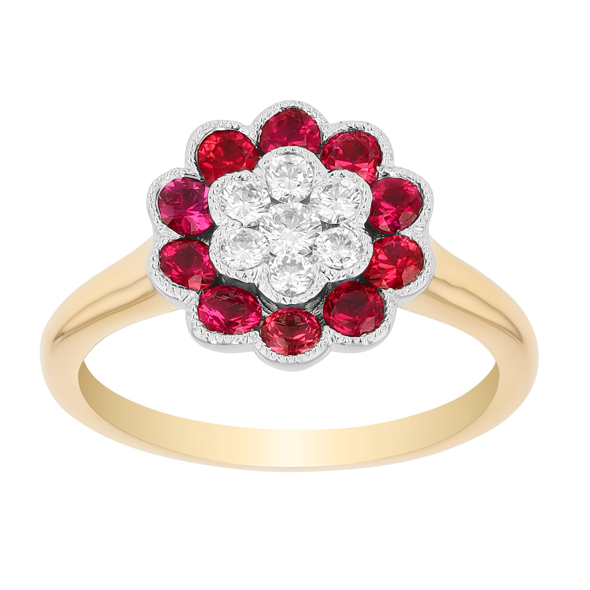 Ruby & Diamond Cluster Floral Ring in Yellow Gold