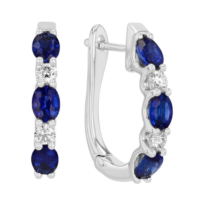 Oval Sapphire & Round Diamond Hoop Earrings in White Gold