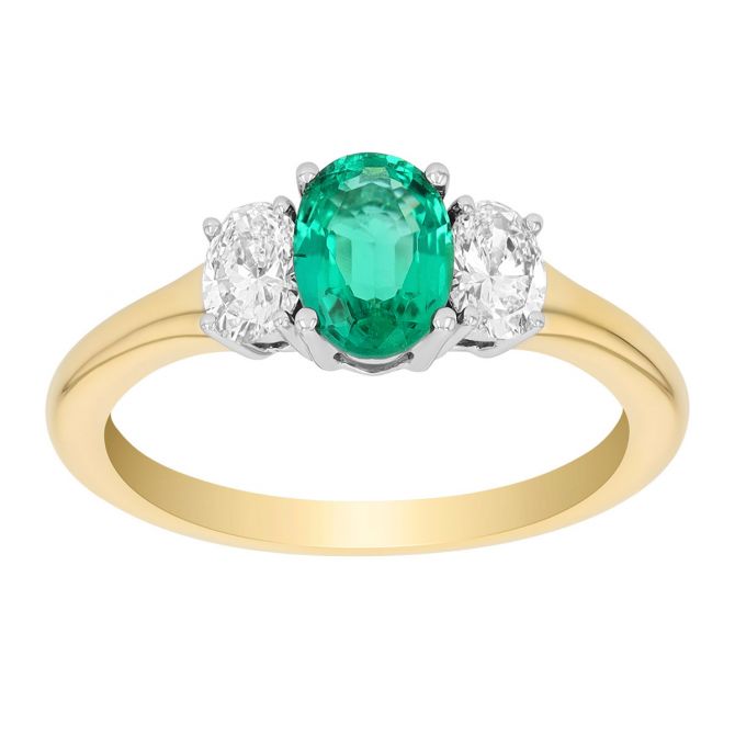 Oval Emerald & Diamond 3 Stone Ring in Two Tone
