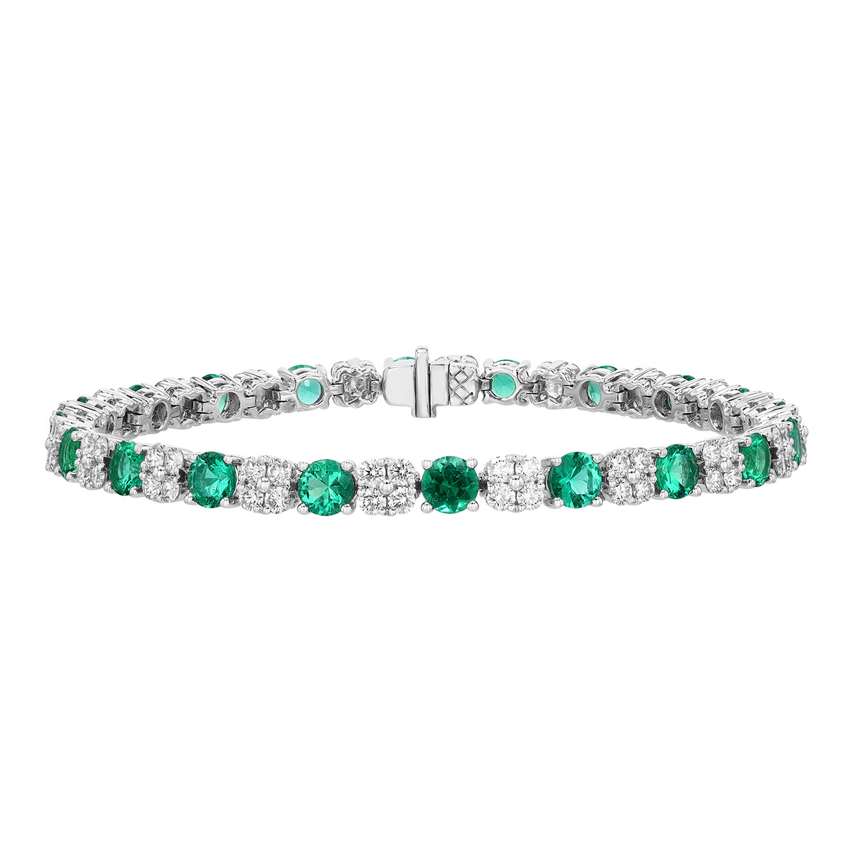 Round Emerald & Diamond Cluster Tennis Bracelet in White Gold