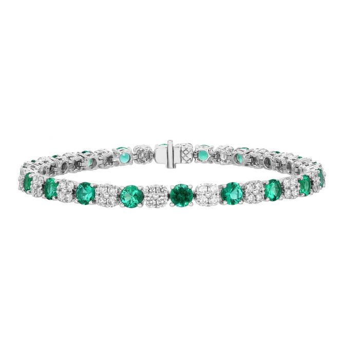 Round Emerald & Diamond Cluster Tennis Bracelet in White Gold
