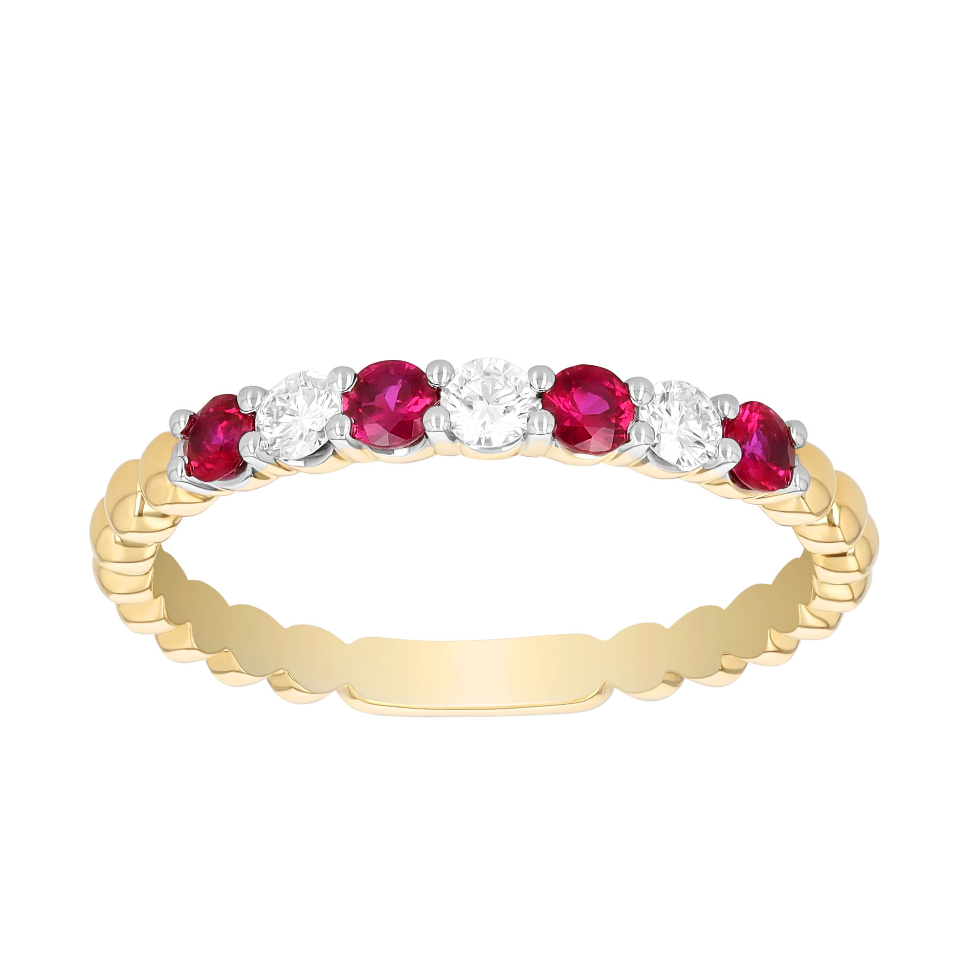 Round Ruby & Diamond Beaded Ring in Two Tone