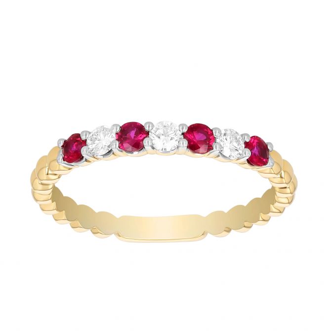 Round Ruby & Diamond Beaded Ring in Two Tone