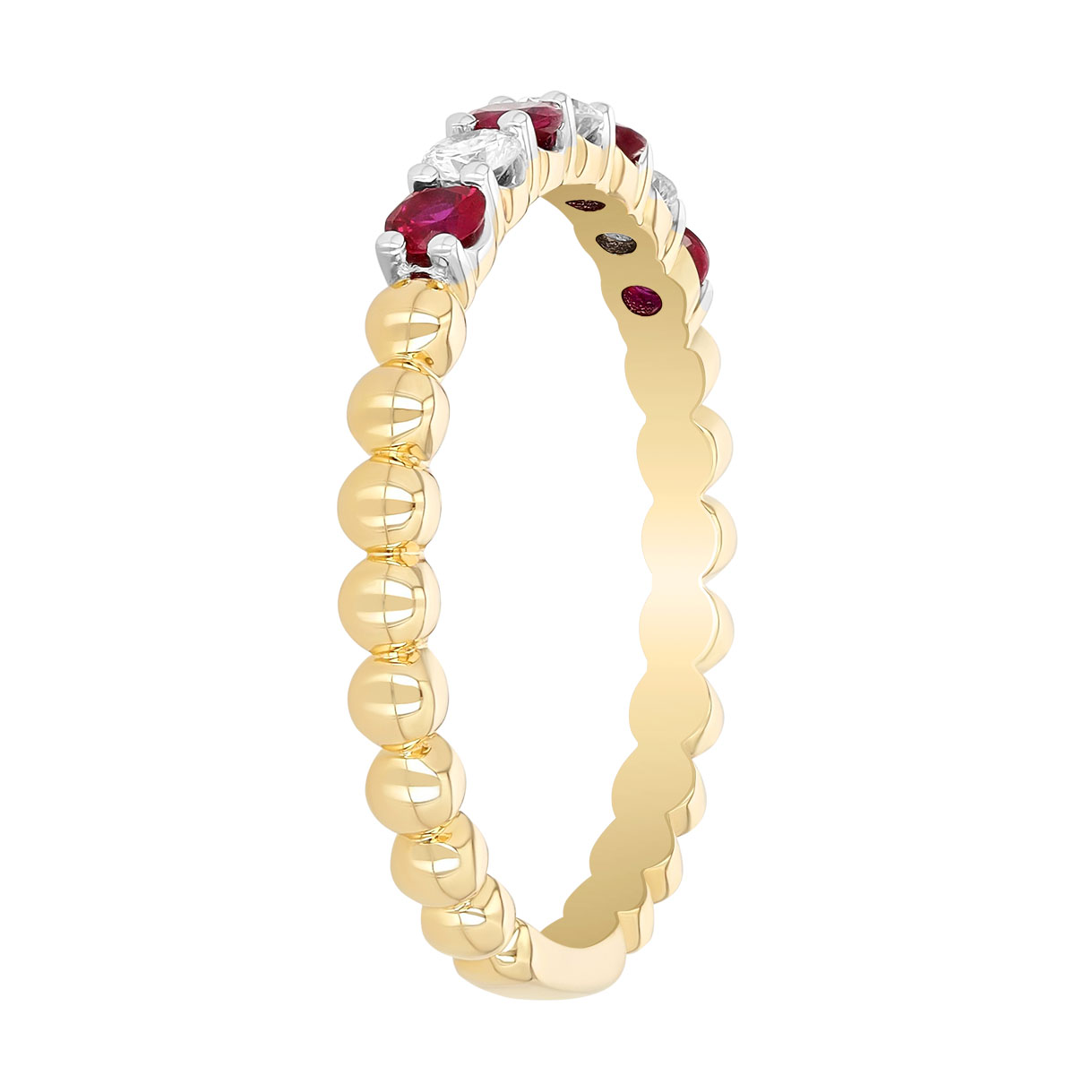 Round Ruby & Diamond Beaded Ring in Two Tone