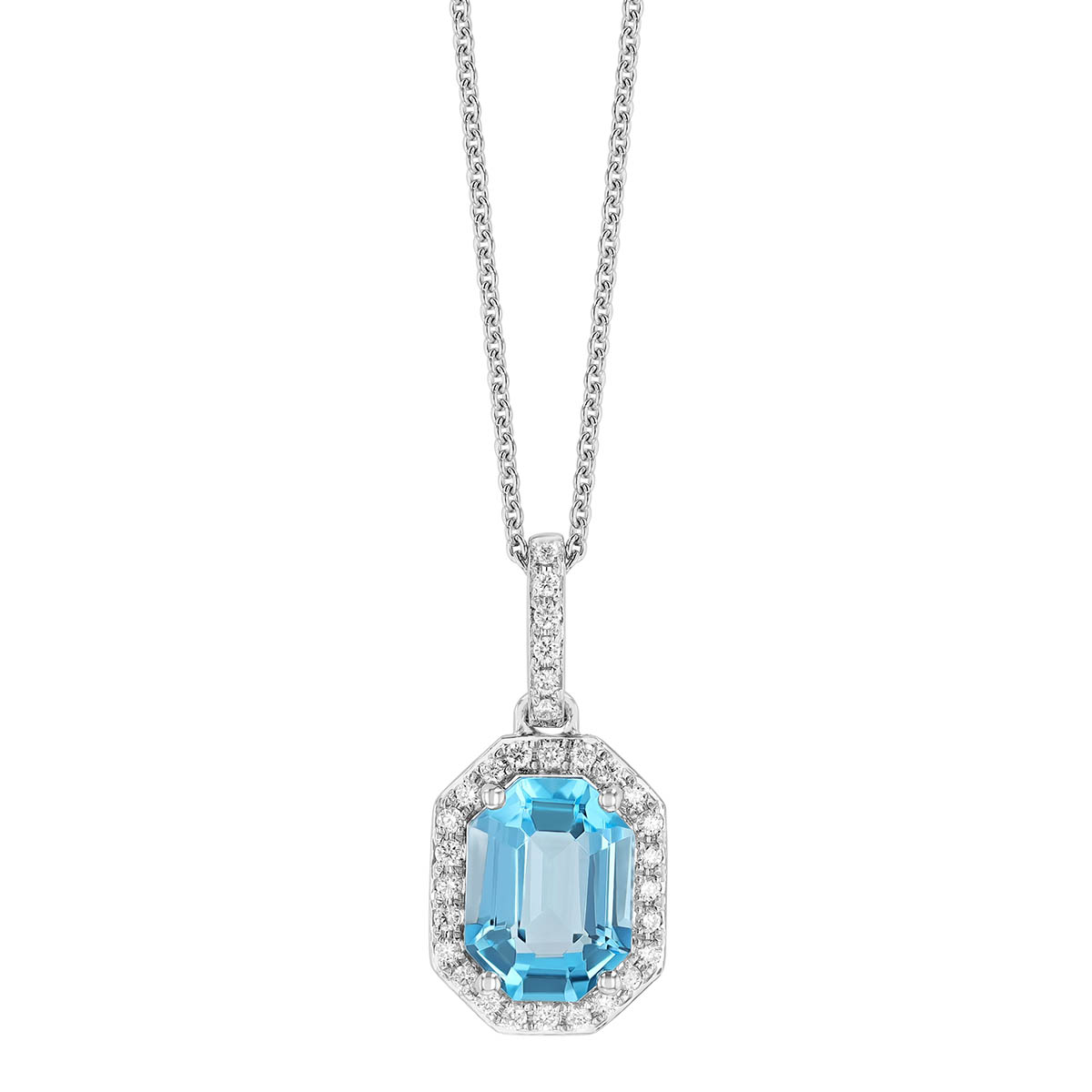 Elongated Octagon Topaz & Diamond Halo Pendant in White Gold, 18