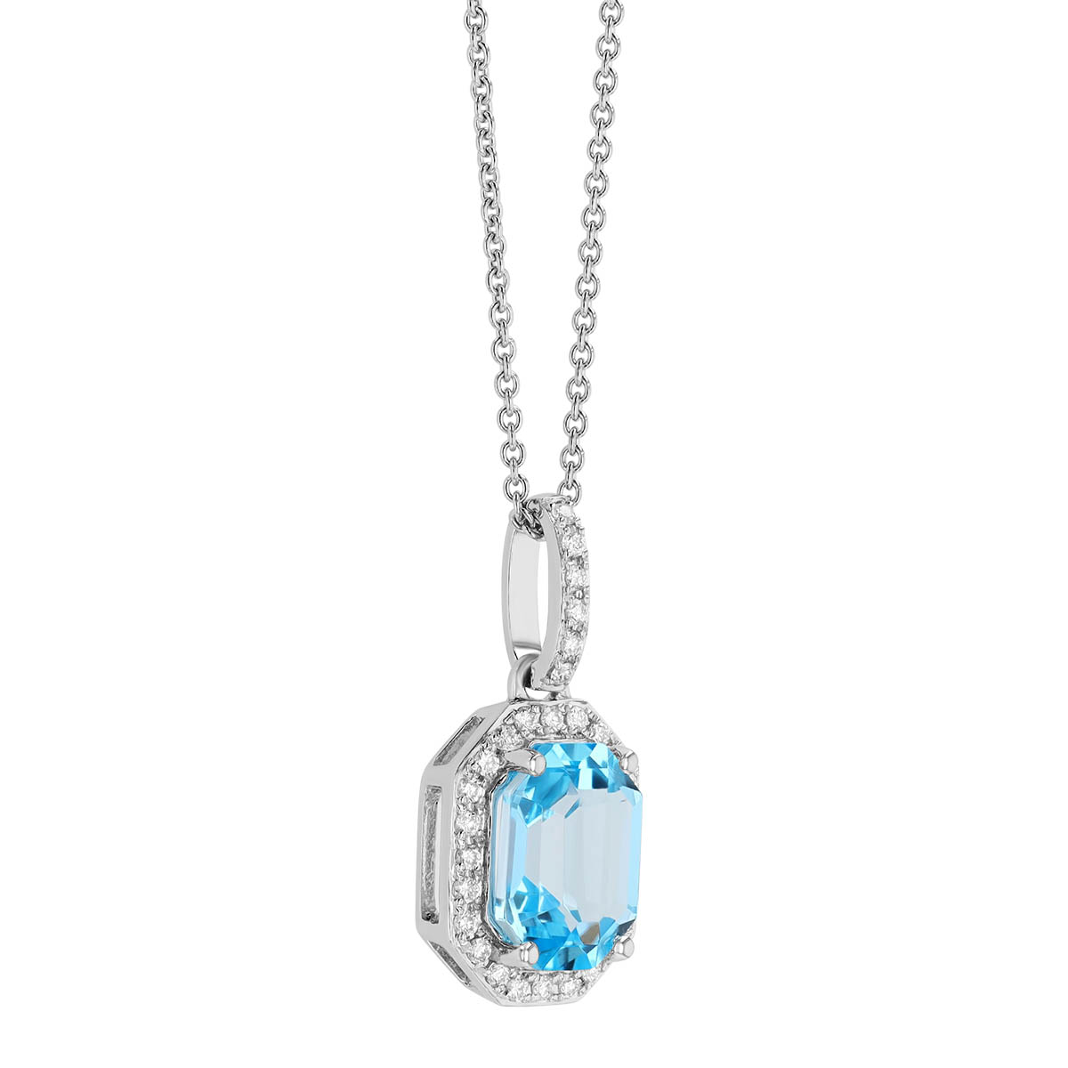 Elongated Octagon Topaz & Diamond Halo Pendant in White Gold, 18