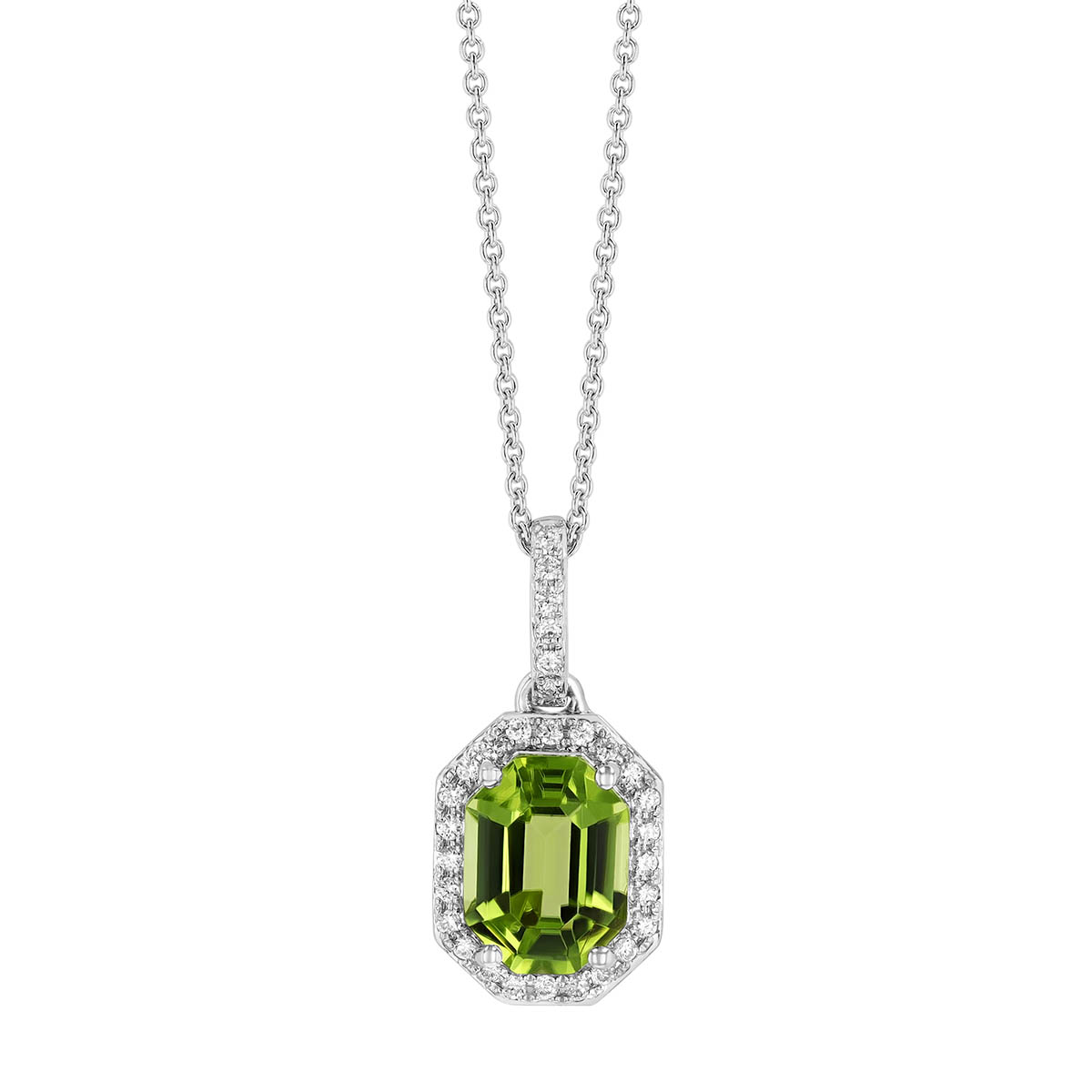 Elongated Octagon Peridot & Diamond Halo Pendant in White Gold, 18