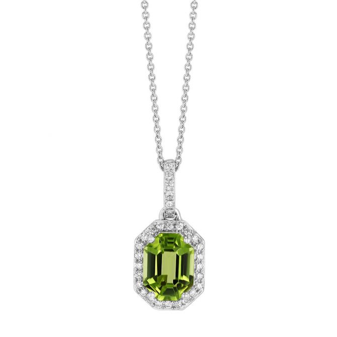 Elongated Octagon Peridot & Diamond Halo Pendant in White Gold, 18"