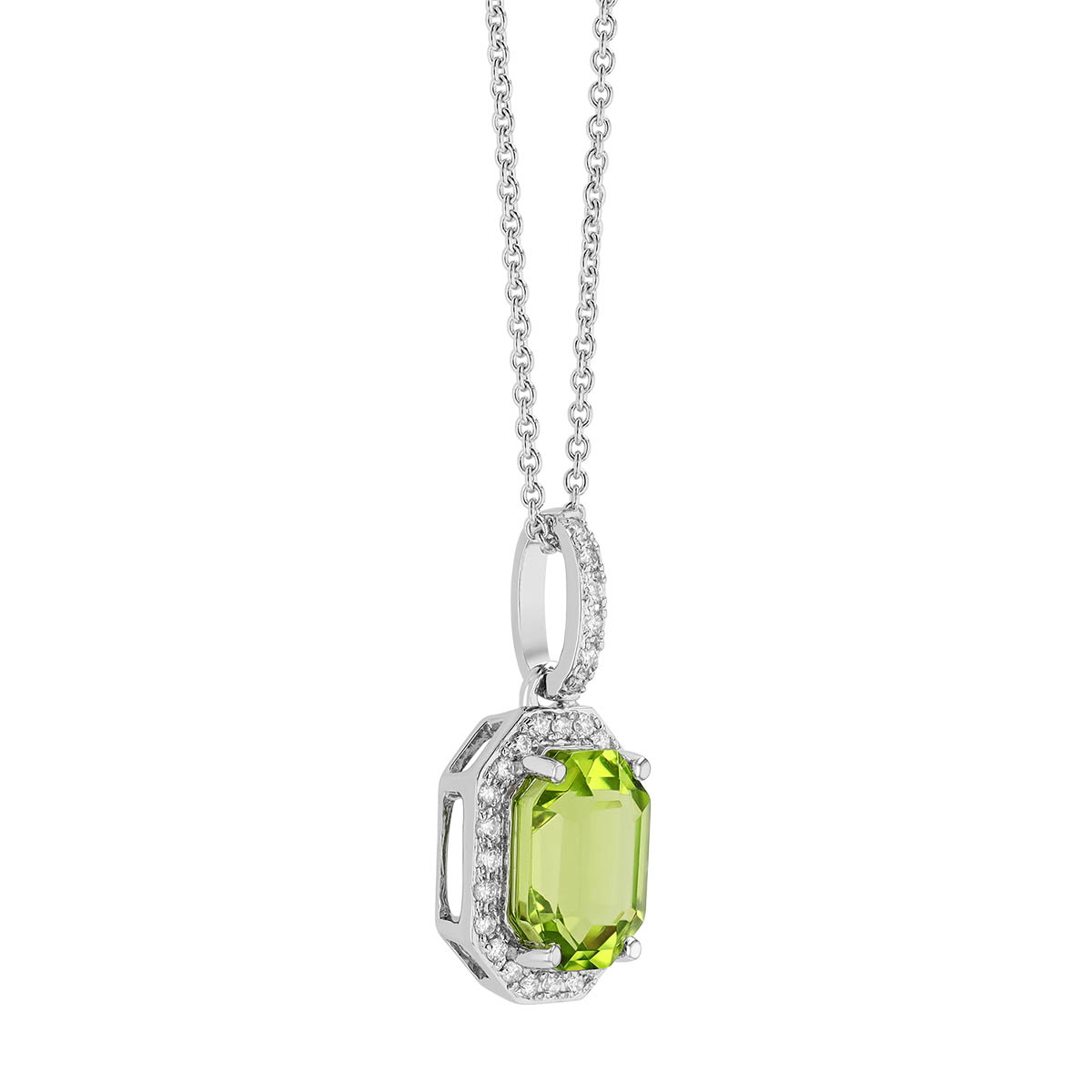 Elongated Octagon Peridot & Diamond Halo Pendant in White Gold, 18
