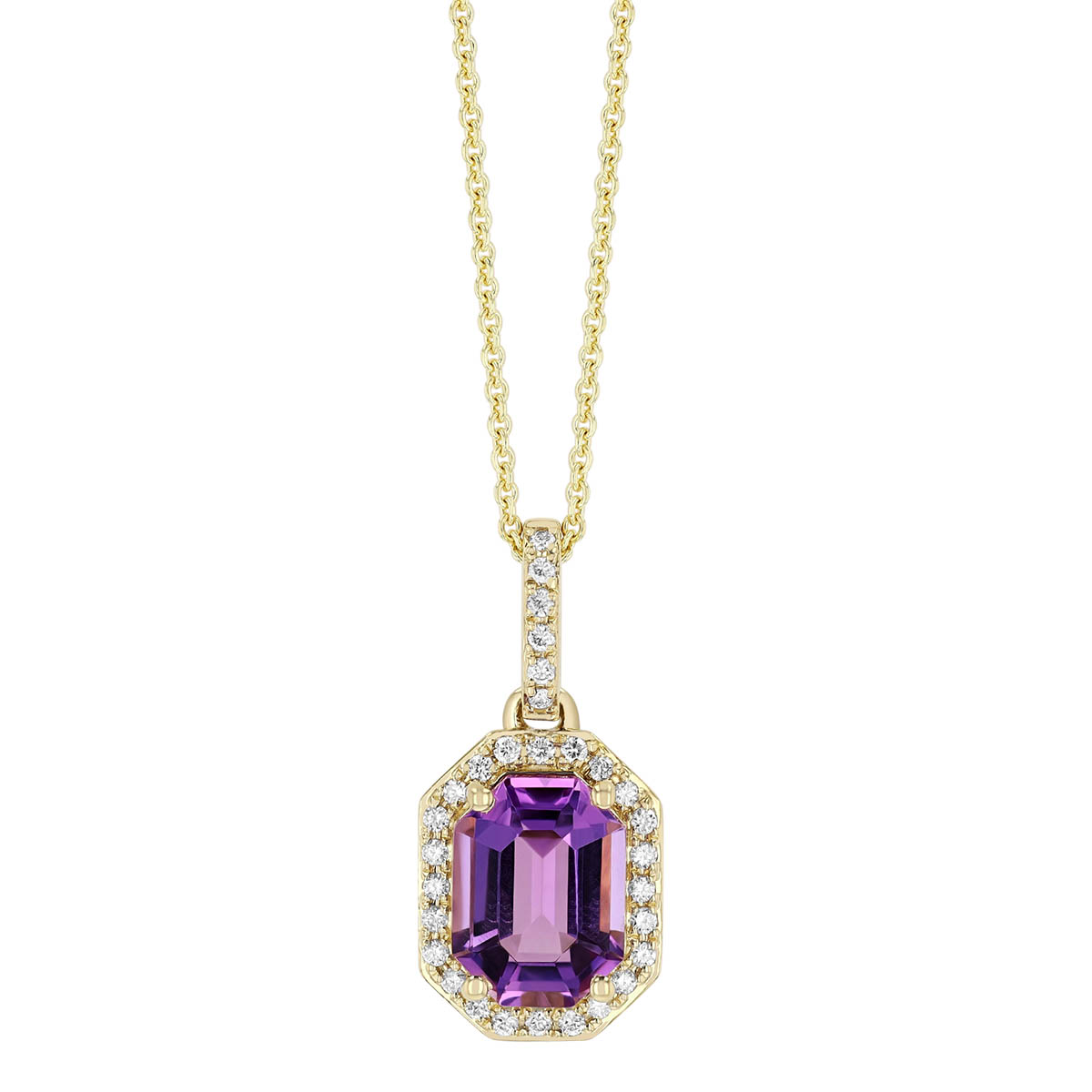 Elongated Octagon Amethyst & Diamond Halo Pendant in Yellow Gold, 18