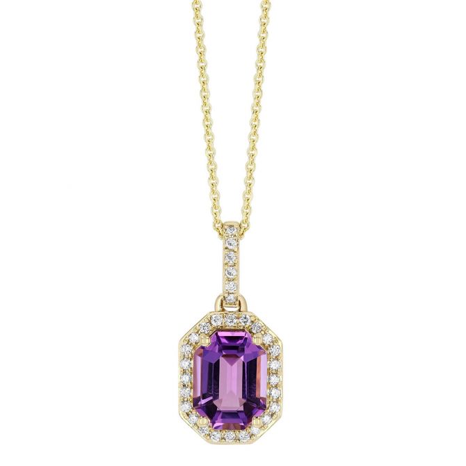 Elongated Octagon Amethyst & Diamond Halo Pendant in Yellow Gold, 18"