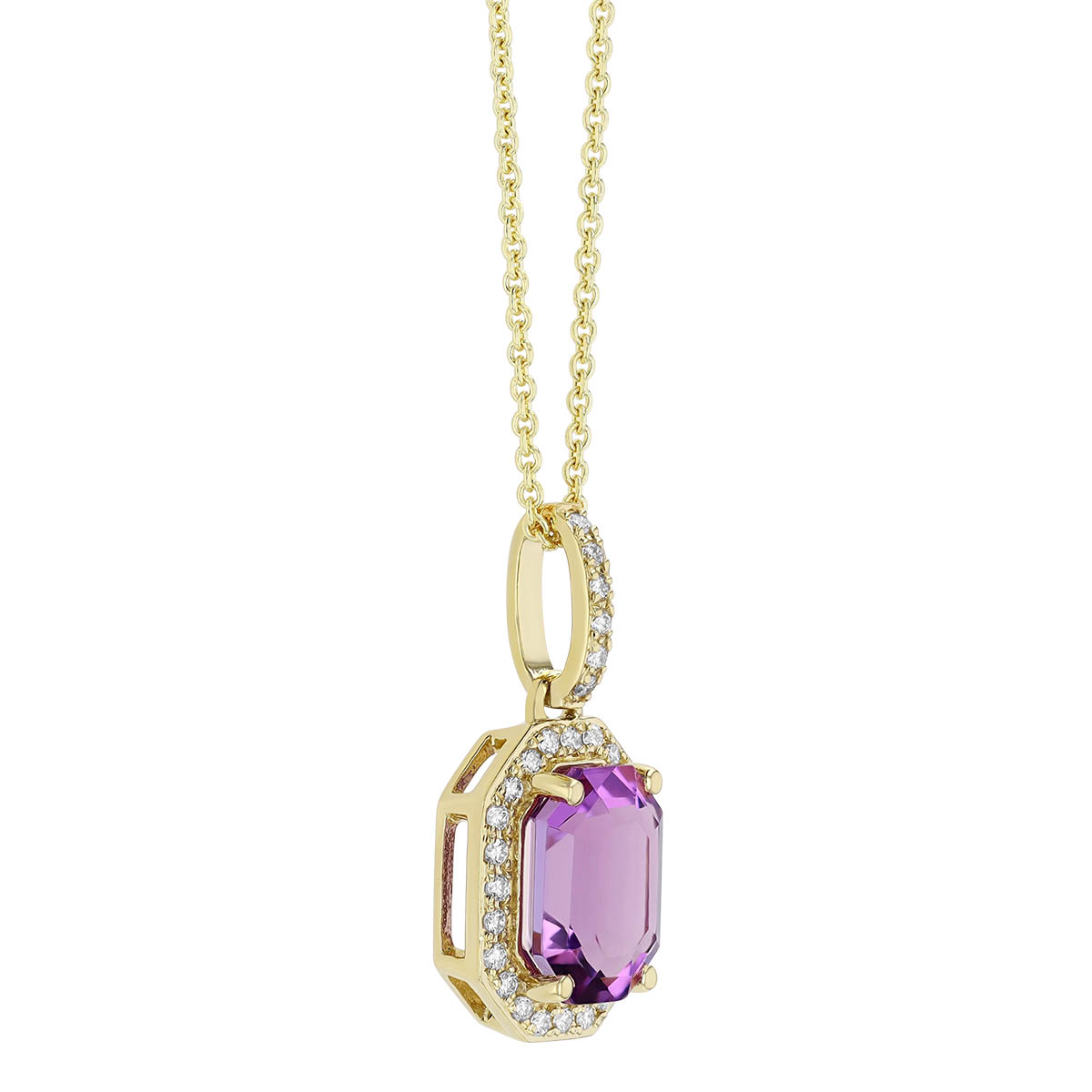 Elongated Octagon Amethyst & Diamond Halo Pendant in Yellow Gold, 18