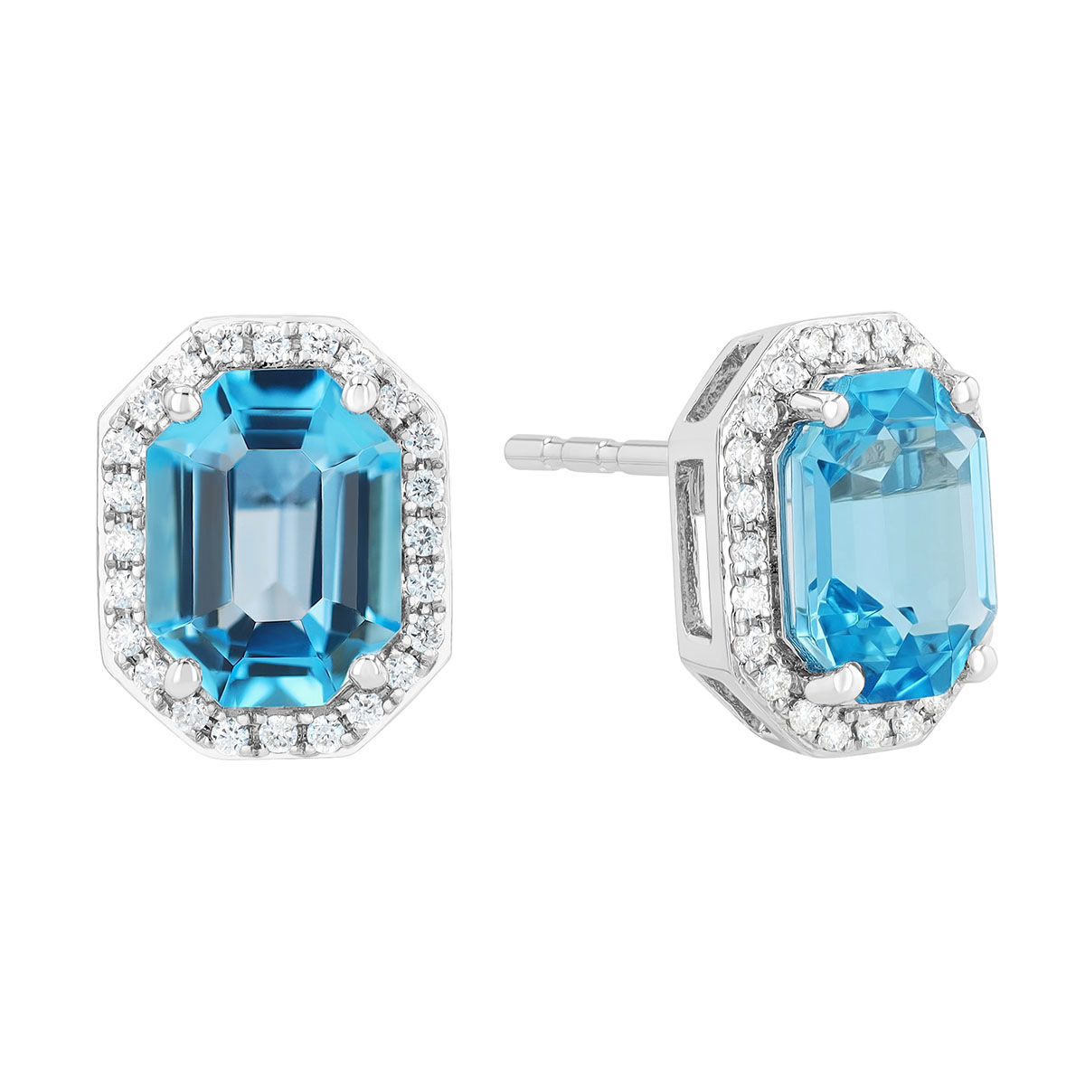 Elongated Octagon Topaz & Diamond Halo Stud Earrings in White Gold