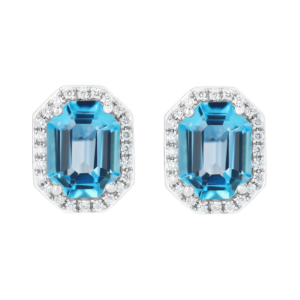 Elongated Octagon Topaz & Diamond Halo Stud Earrings in White Gold