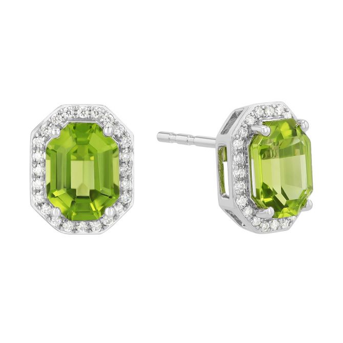 Elongated Octagon Peridot & Diamond Halo Stud Earrings in White Gold