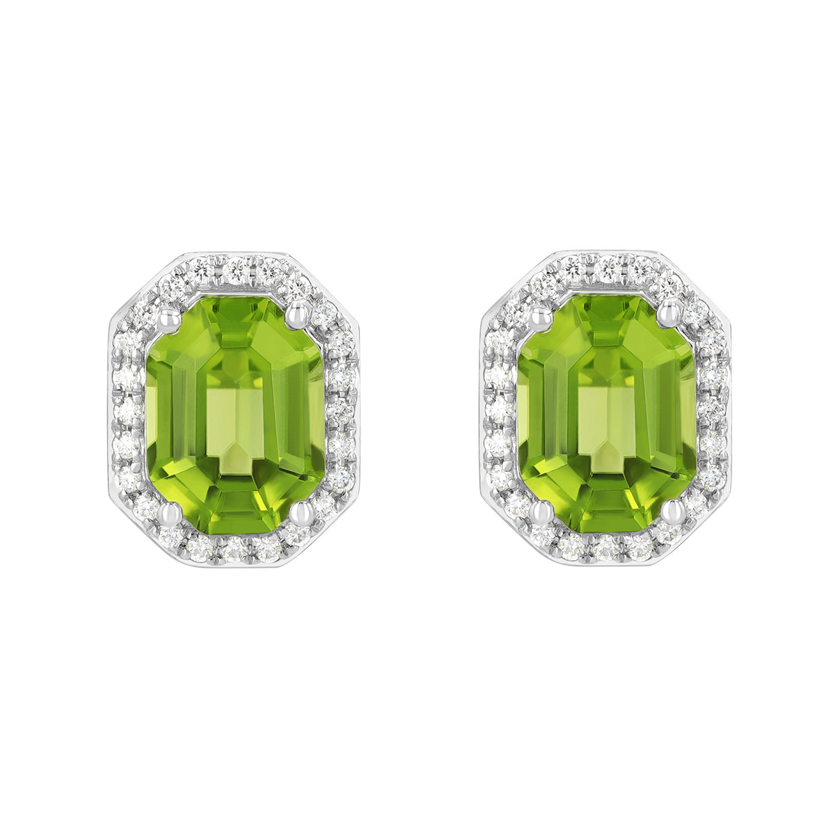 Elongated Octagon Peridot & Diamond Halo Stud Earrings in White Gold