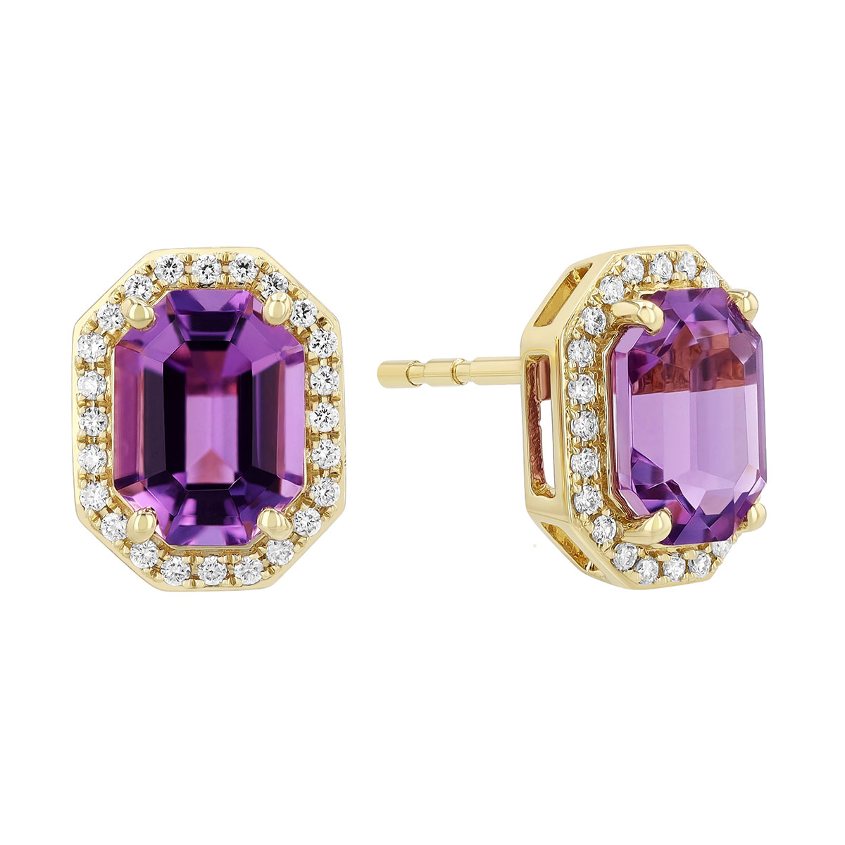 Elongated Octagon Amethyst & Diamond Halo Stud Earrings in Yellow Gold