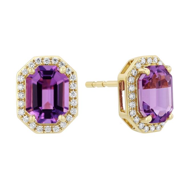 Elongated Octagon Amethyst & Diamond Halo Stud Earrings in Yellow Gold