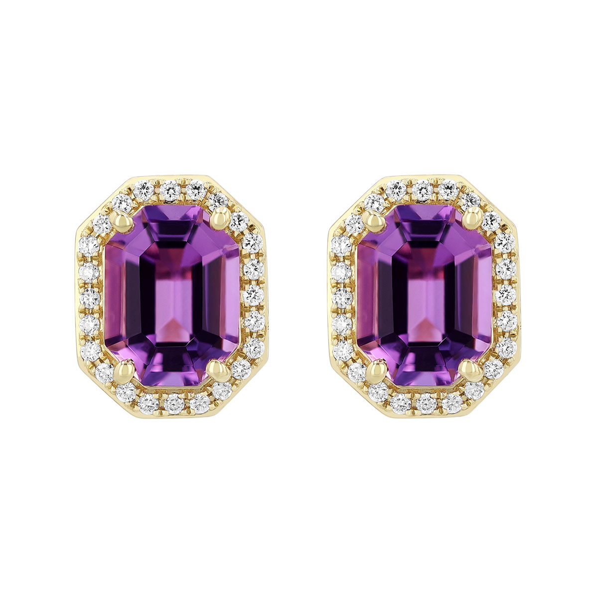 Elongated Octagon Amethyst & Diamond Halo Stud Earrings in Yellow Gold