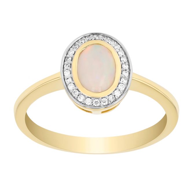 Oval Opal & Diamond Halo Ring in Yellow Gold