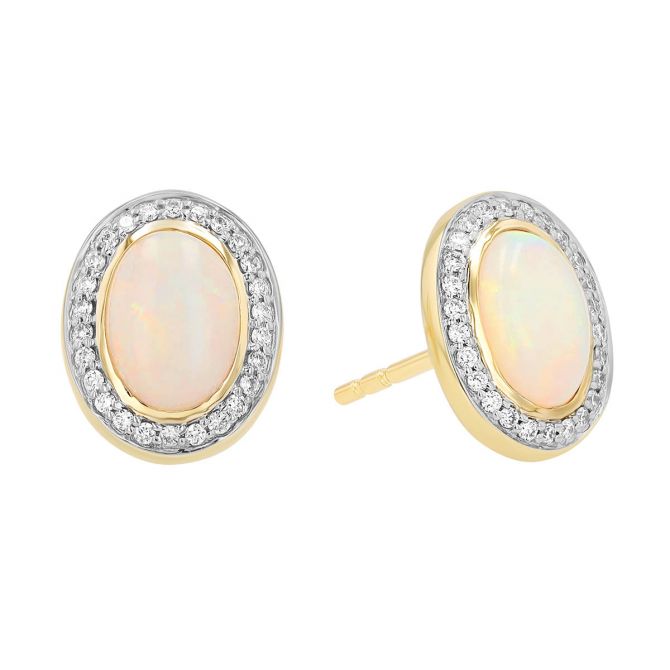 Oval Cabochon Opal & Diamond Halo Stud Earrings in Two Tone