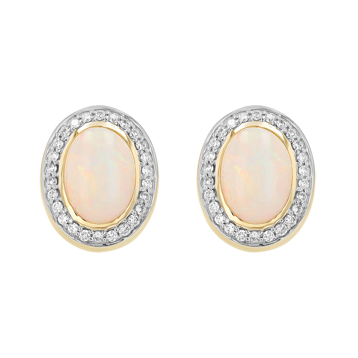 Oval Cabochon Opal & Diamond Halo Stud Earrings in Two Tone