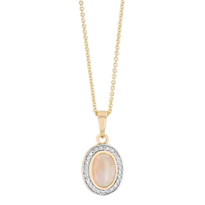 Oval Cabochon Opal & Diamond Halo Pendant in Two Tone, 18"