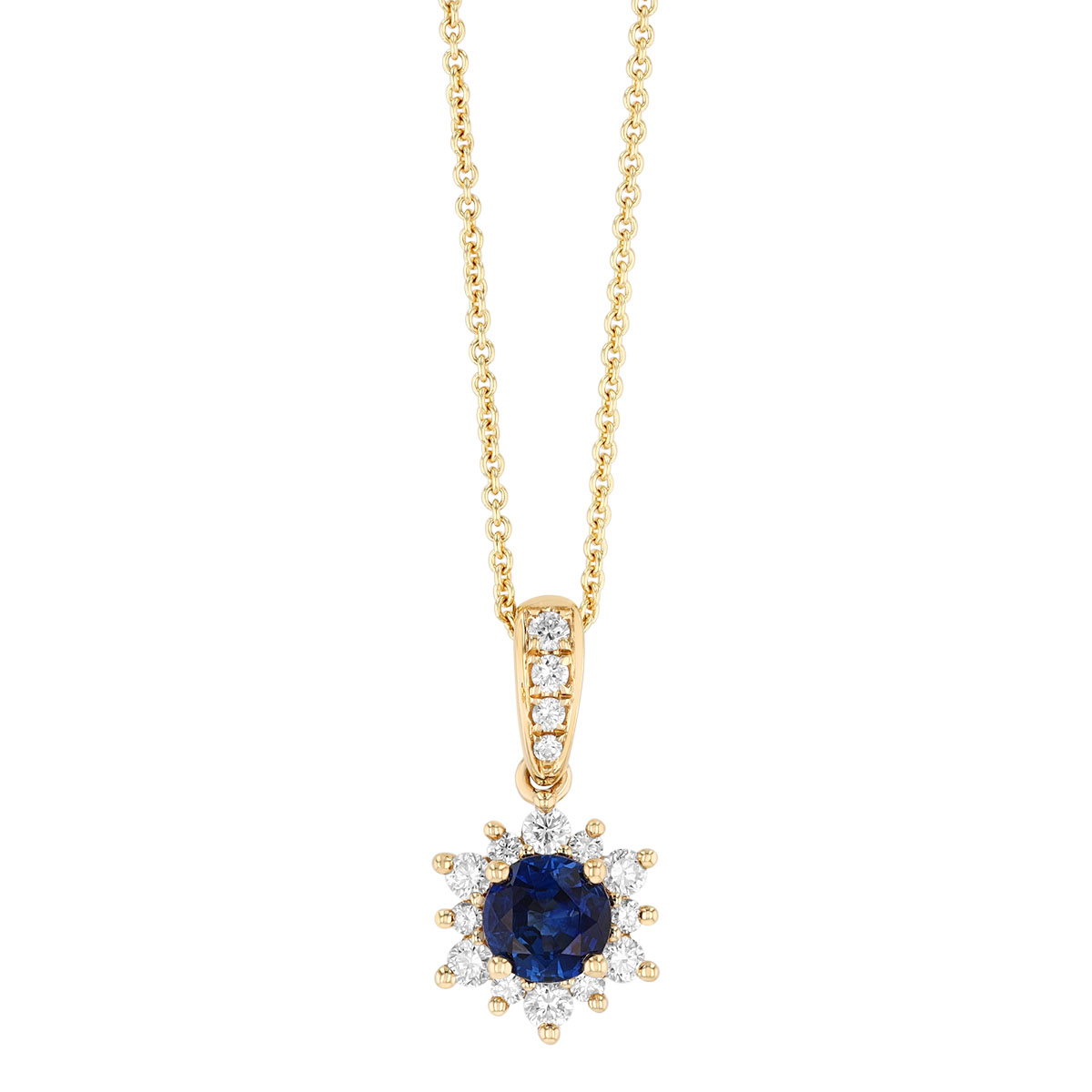Round Sapphire & Diamond Halo Pendant in Yellow Gold, 18