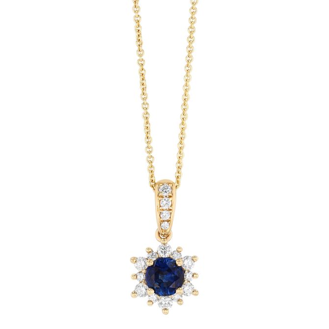 Round Sapphire & Diamond Halo Pendant in Yellow Gold, 18"