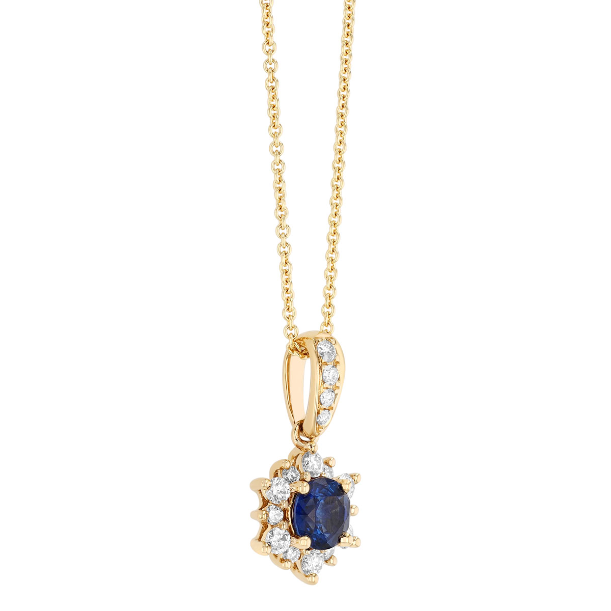Round Sapphire & Diamond Halo Pendant in Yellow Gold, 18