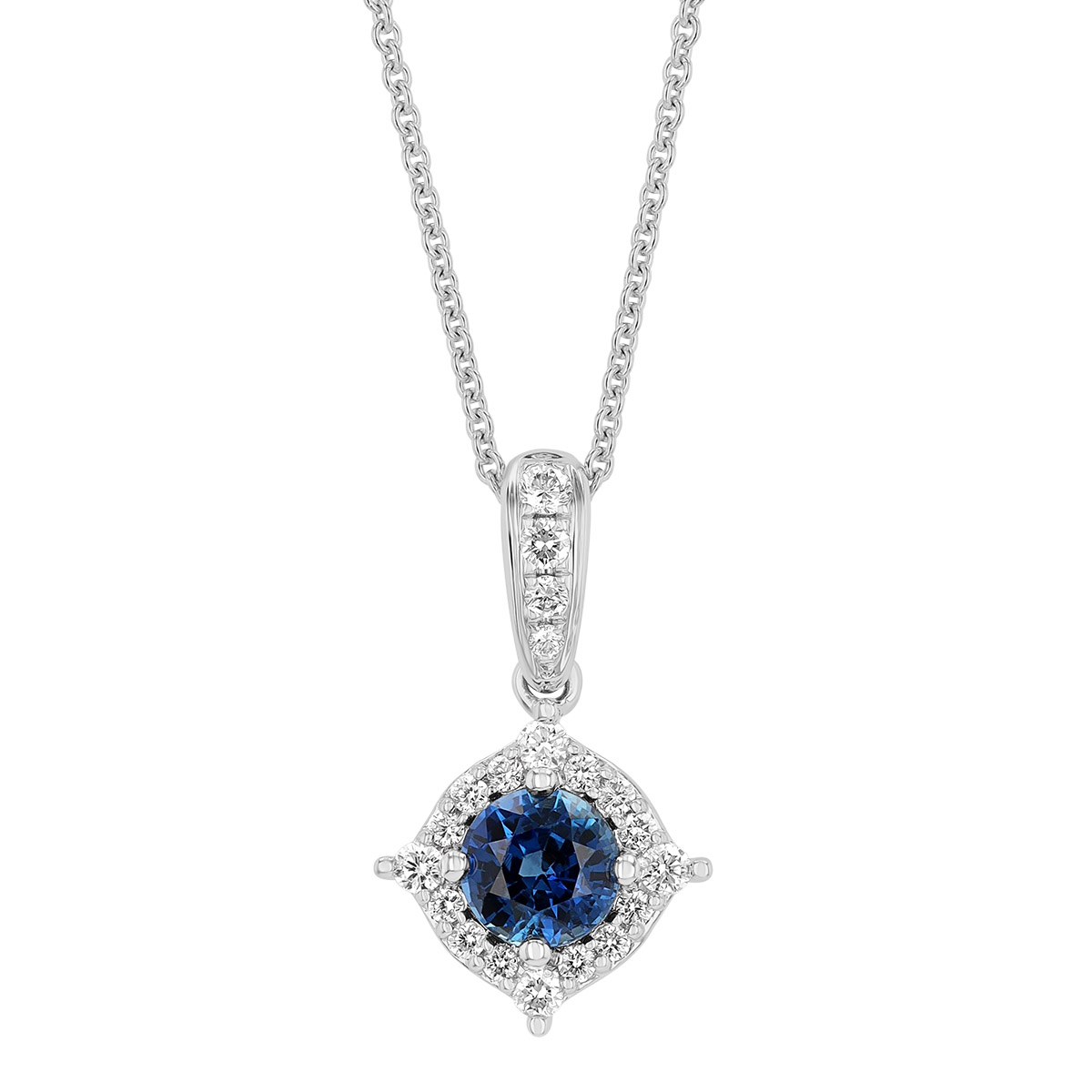 Round Sapphire & Diamond Halo Pendant in White Gold, 18