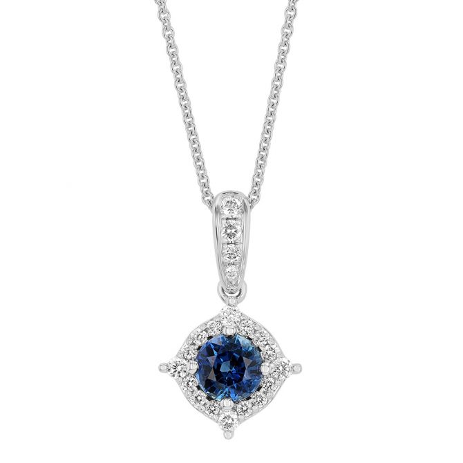Round Sapphire & Diamond Halo Pendant in White Gold, 18"